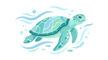 Stylized sea turtle swimming in swirling blue water ripples. © diki