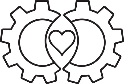 Black line art of interlocking gears with heart