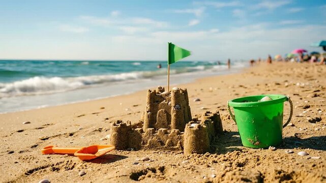 Beautiful detailed sandcastle built on a golden sandy beach next to a green plastic bucket and an orange toy shovel near the calm blue ocean waves during summer family vacation