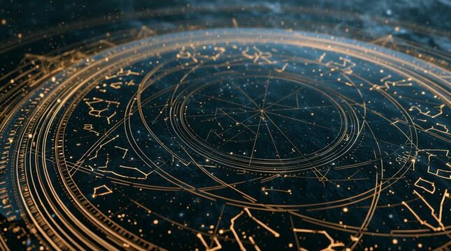 An ancient star navigation chart made of translucent glass and gold floats above a dark cosmic ocean, with shifting constellations and drifting celestial particles in an atmospheric scene.