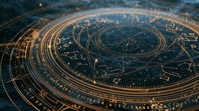 An ancient star navigation chart made of translucent glass and gold floats above a dark cosmic ocean, with shifting constellations and drifting celestial particles in an atmospheric scene.