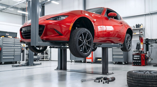 Professional auto technician working on luxury red sports car tire replacement in modern repair shop garage interior