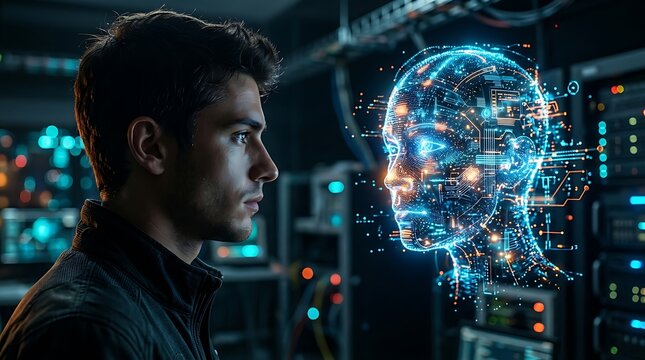A man in a dark room looks intently at a glowing blue holographic AI head, surrounded by servers and technology.