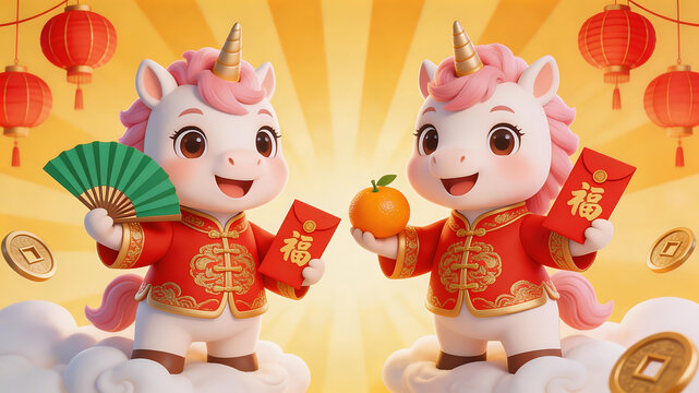 Two cartoon unicorns in traditional Chinese attire representing the joy of cooking and shared meals