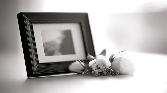 Black frame with neatly folded speech and white flowers, soft directional light shaping solemn shadows, shallow depth blurred backdrop