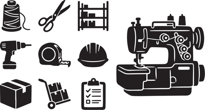 Sewing and construction tools icon set black