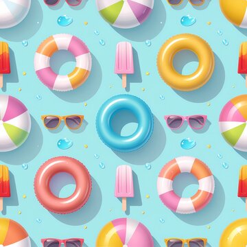 Colorful pool float seamless pattern with beach balls sunglasses popsicles and water drops