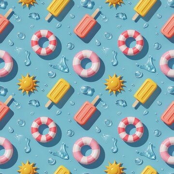 Pastel pool float seamless pattern with beach balls popsicles and sunglasses