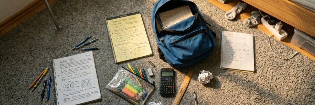Messy student study floor with notebooks calculator and school backpack. Concept of homework overload, exam preparation, school supplies, teen learning routine, and academic planning. Banner