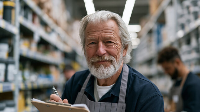 Wiry grandfather in hardware store apron scanning inventory shelves during autumn morning shift, retirement-age part-time worker checking stock list on clipboard, fluorescent