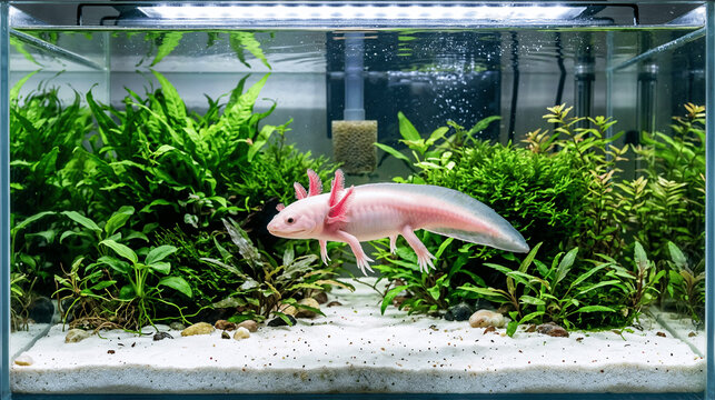 Leucistic Axolotl in a Planted Freshwater Aquarium
