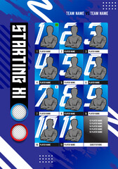 Football soccer starting XI lineup vector template featuring players silhouette avatar cards layout with substitutions list and logo placeholders on blue abstract background. © Sarhanine