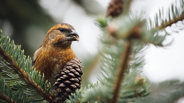 Red crossbill on pine branch extracting seed from cone with crossed beak, natural sunlight shallow depth, foraging technique