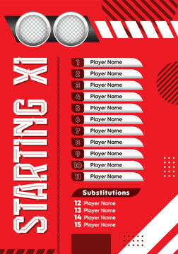 Football soccer starting XI lineup vector template featuring vertical players list layout with substitutions bench and logo placeholders on red abstract geometric background.
