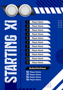 Football soccer starting XI lineup vector template featuring vertical players list layout with substitutions bench and logo placeholders on blue abstract geometric background.