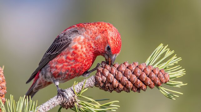 Red crossbill perched on pine branch using crossed beak to pry open cone, natural light shallow depth, adaptive behavior