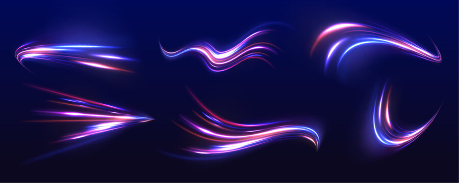 City traffic and highway networks glow, neon laser speed lines. Light gradien wave set, futuristic energy purple, blue trail on dark background, futuristic concept. Abstract data visualization, vector