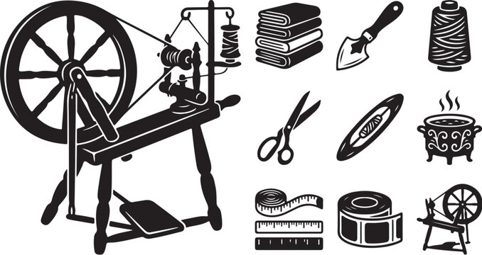 Spinning wheel and textile tools illustration set black
