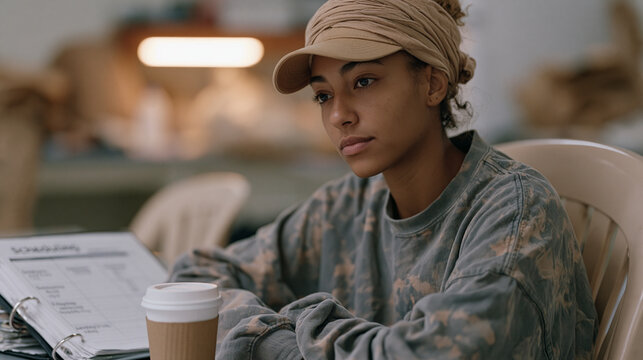 Burned-out volunteer slumped in break room plastic chair at food bank, staring at untouched cup going cold, scheduling binder open to an overbooked July shift calendar,