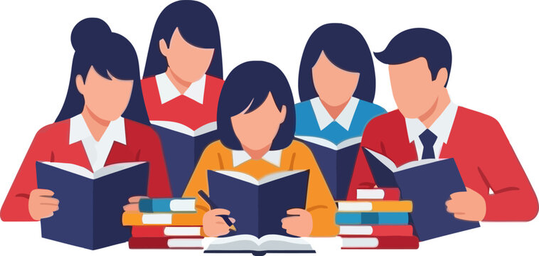Group of students studying together with books and focus.
