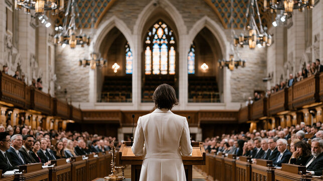 Parliament debate floor session viewed from the public gallery above, elected members rising from assigned benches to address the speaker, clerks seated below a ceremonial mace,