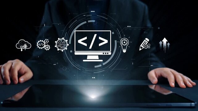 Modern web development concept featuring coding symbols, web development process, web development interface, and web development tools with futuristic design. Elide