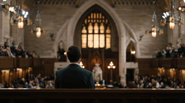 Parliament debate floor session viewed from the public gallery above, elected members rising from assigned benches to address the speaker, clerks seated below a ceremonial mace,