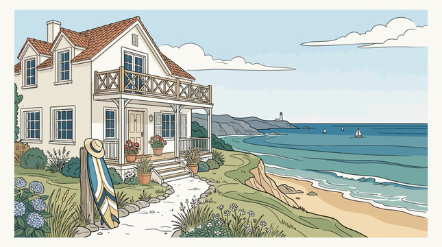 Beach house with a surfboard outside.