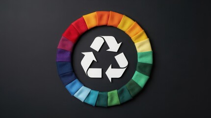 Obraz premium White recycling symbol centered within a circular gradient of colorful fabric swatches on a black background.