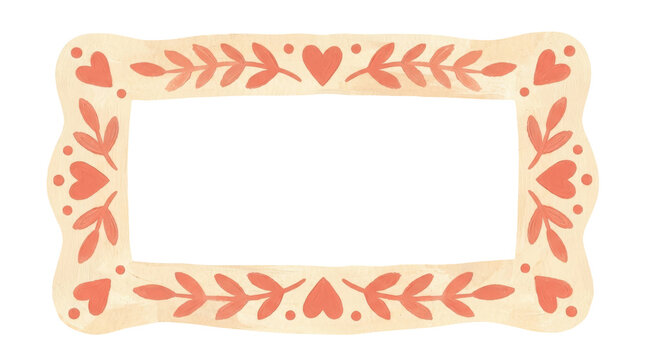 Rectangular folk style frame with hearts and leaves on transparent PNG background, hand painted coral beige border decorative element isolated