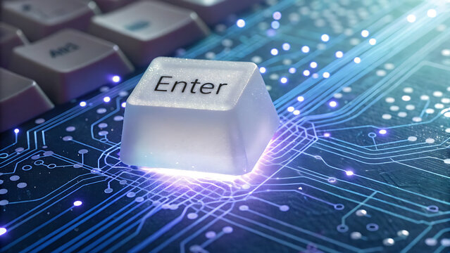 Digital enter key glowing with futuristic blue light on circuit board background