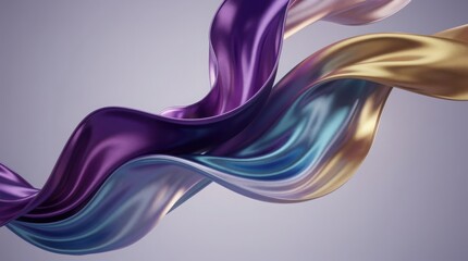 Naklejka premium Flowing silky fabric in purple, gold, and blue gracefully twisting against a neutral background.