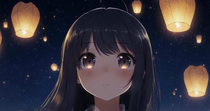 Close Up Anime Eyes Reflecting Glowing Floating Night Lanterns