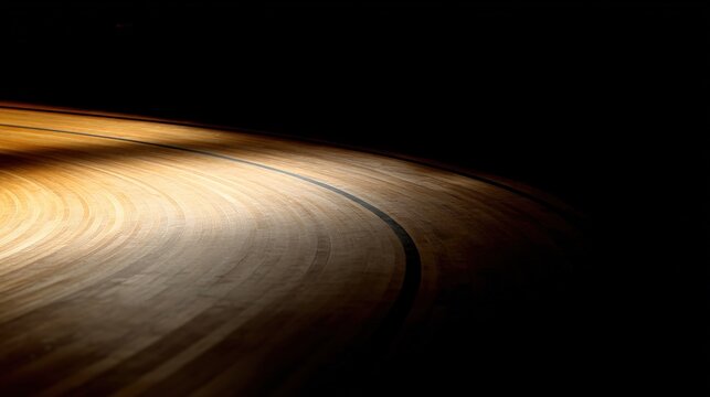 Polished wooden racing curve close-up, dramatic side light enhancing grain flow, empty track conveying silent high-speed tension