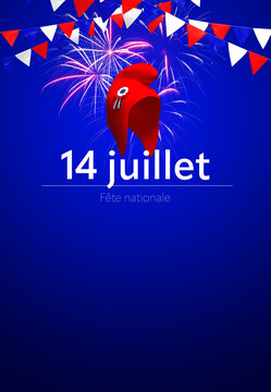 F&ecirc;te Nationale du 14 juillet avec bonnet phrygien, feu d'artifice et guirlande de drapeaux bleu blanc rouge - espace vide pour texte