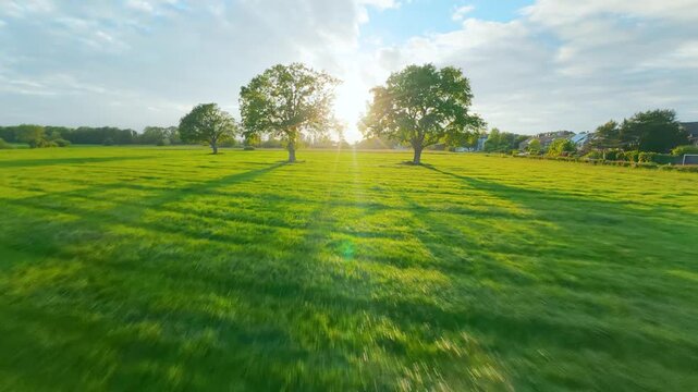 FPV drone flight through a rural field