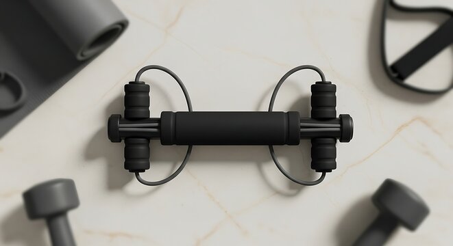 Flat lay composition of an exercizing gymstick with dumbbells and yoga mat on a marble surface for a healthy lifestyle and fitness concept.