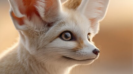 Fototapeta premium Detailed portrait of a curious fennec fox with large ears and expressive eyes softly illuminated by warm natural light in a serene outdoor setting