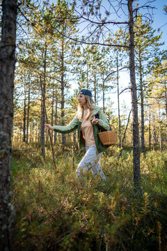 Focused relaxed woman forager with basket making way through forest wetlands helping herself with stick, active healthy pastime in nature and seasonal hobby, calm positive female hiking in woods