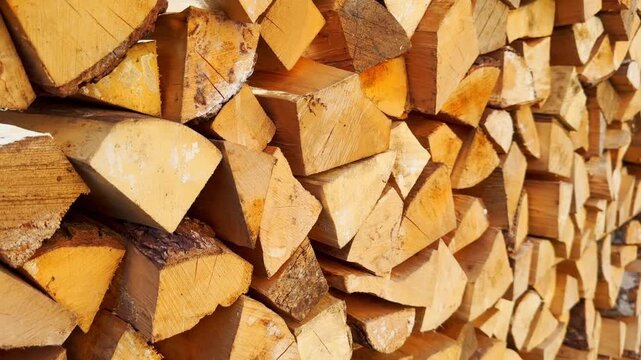 Long stack of split firewood in bright sunlight, showing golden log ends, cut grain, bark edges, and a rustic outdoor fuel supply.