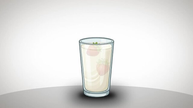 2D vector animation of fresh red strawberries falling into a glass of white milk shake and floating. Clean graphic design loop video clip for cafe menu, healthy smoothie or food concept, 4k.
