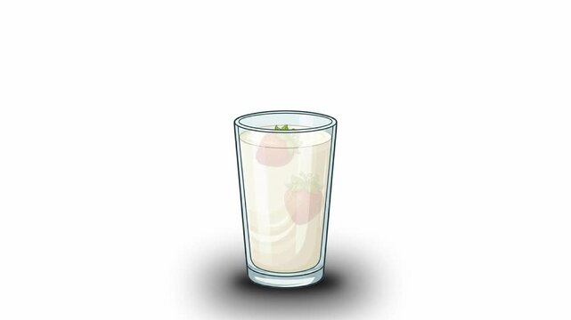 2D vector animation of fresh red strawberries falling into a glass of white milk shake and floating. Clean graphic design loop video clip for cafe menu, healthy smoothie or food concept, 4k.