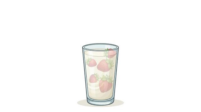 2D vector animation of fresh red strawberries falling into a glass of white milk shake and floating. Clean graphic design loop video clip for cafe menu, healthy smoothie or food concept, 4k.