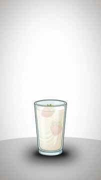 2D vector animation of fresh red strawberries falling into a glass of white milk shake and floating. Clean graphic design loop video clip for cafe menu, healthy smoothie or food concept, 4k.