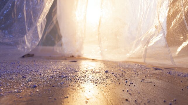 Interior of a room being remodeled, wood floor with spackle drops, sunlight softened by translucent plastic dust cover creating halo, shallow depth