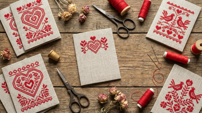 Flat lay of blank linen notebook mockup with red cross stitch embroidery pattern scissor thread spool thimble and dried flower on rustic wooden background for Slavic folklore craft workshop