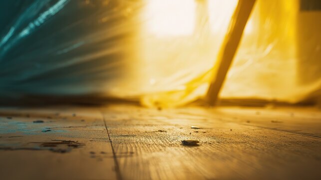 Interior room under renovation with spackle droplets on wooden floor, sunlight filtering through translucent plastic dust sheet creating soft glow, shallow depth