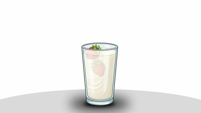 2D vector animation of fresh red strawberries falling into a glass of white milk shake and floating. Clean graphic design loop video clip for cafe menu, healthy smoothie or food concept, 4k.