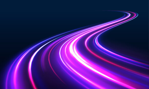 Futuristic neon tunnel road with laser lines flows through a night city on dark background. Light gradient motion creates depth. Speed amplifies the glowing urban scene. Vector illustration.