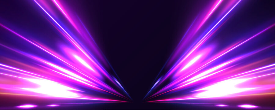 Neon color glowing lines background, high-speed light trails effect. Modern abstract high-speed light motion effect on black background. Light motion effect, slow shutter of traffic.	
